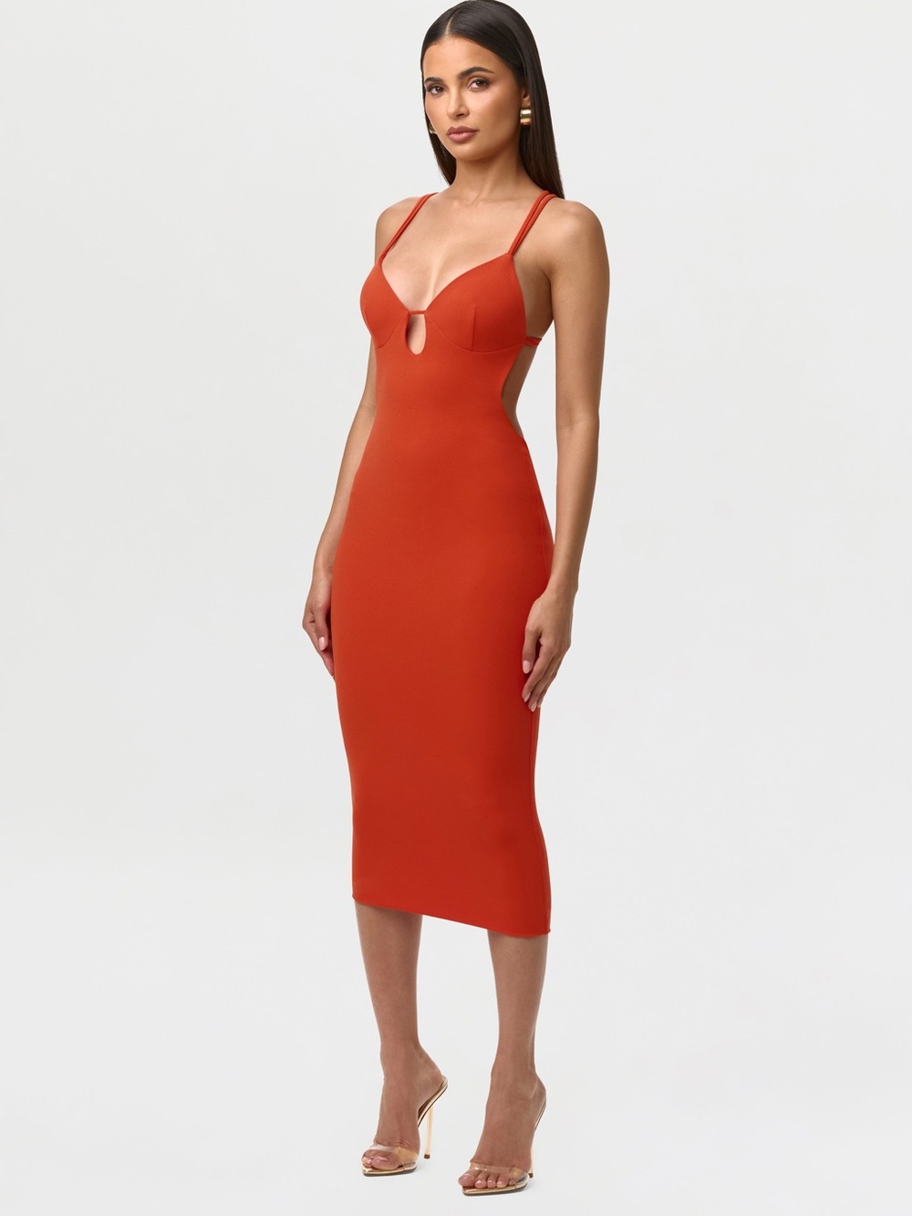 NWOT Naked Wardrobe Sz L Crepe Midi Dress in Tangerine Orange Gold Hardware